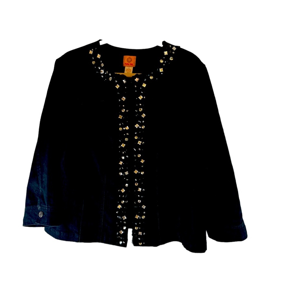 Ruby Rd size 18 black denim jacket jewel detailing 4 hook and eye front closure
